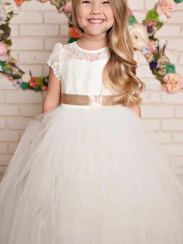 Tulle Sleeves Lace A-Line/Princess Floor-Length Short Scoop Flower Girl Dresses