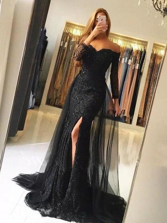 Off-the-Shoulder Sleeves Sweep/Brush Trumpet/Mermaid Long Train Tulle Lace Dresses