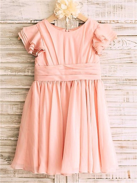 Sleeves A-line/Princess Tea-Length Chiffon Scoop Short Flower Girl Dresses