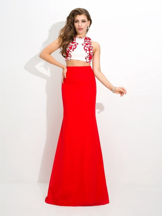 Applique High Sleeveless Sheath/Column Chiffon Long Neck Two Piece Dresses