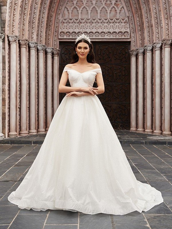 Sleeveless Ball Ruched Court Gown Tulle Off-the-Shoulder Train Wedding Dresses