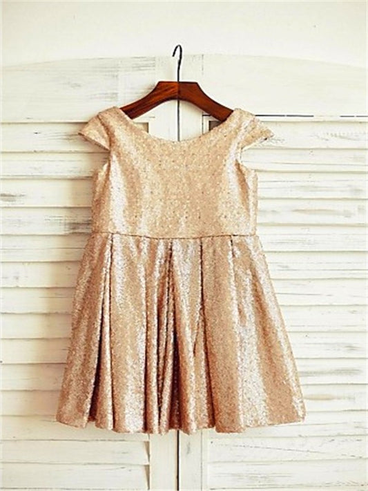 Tea-Length Short Sequins A-line/Princess Scoop Sleeves Flower Girl Dresses