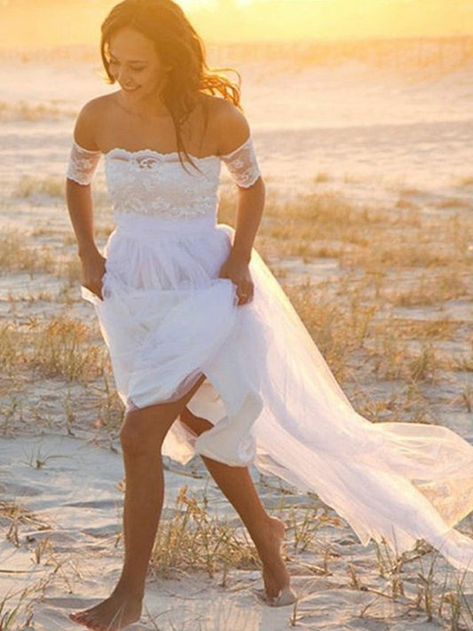 Sleeveless Lace Chiffon A-Line/Princess Off-the-Shoulder Floor-Length Wedding Dresses