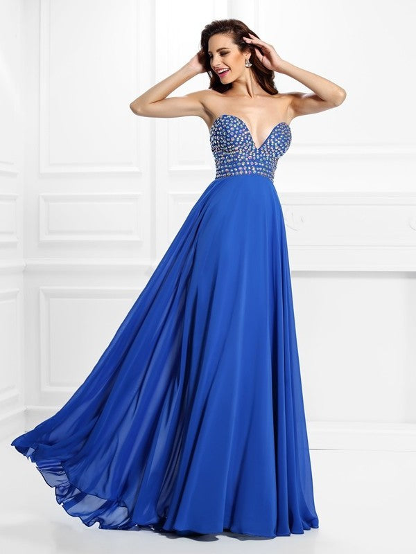 Beading A-Line/Princess Sleeveless V-neck Long Chiffon Dresses