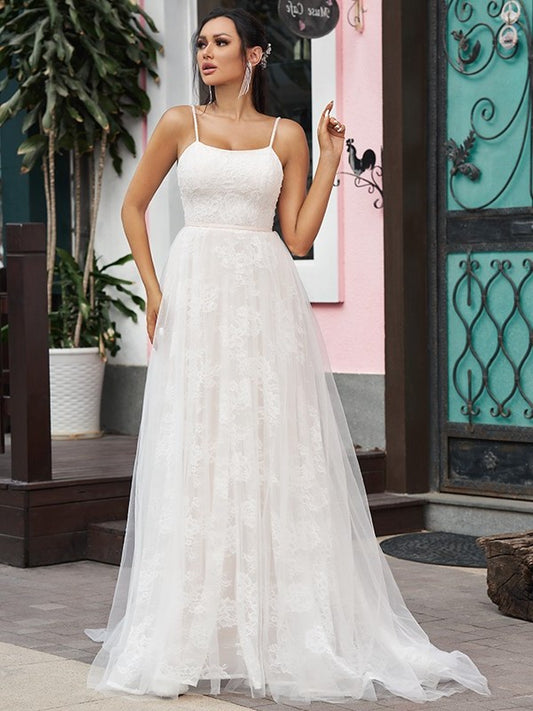 A-Line/Princess Sweep/Brush Straps Spaghetti Lace Ruffles Sleeveless Train Wedding Dresses