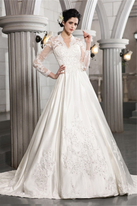 Long A-Line/Princess Sleeves Beading Long Applique Satin Wedding Dresses