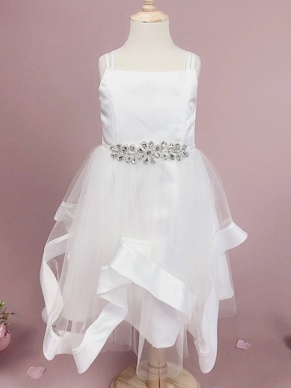 A-Line/Princess Beading Straps Tulle Tea-Length Sleeveless Flower Girl Dresses