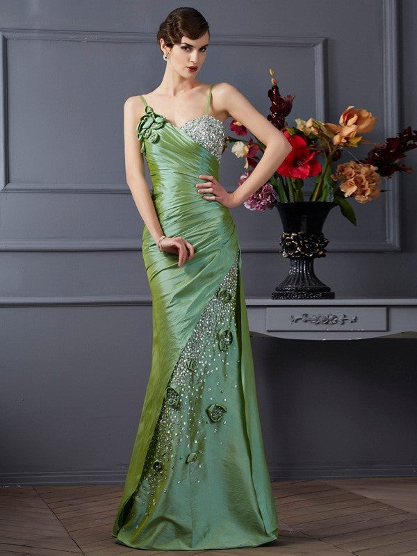 Sleeveless Straps Beading Spaghetti Trumpet/Mermaid Long Taffeta Dresses