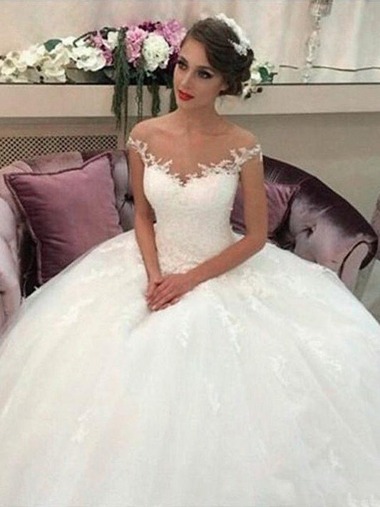 Court Tulle Train Gown Ball Off-the-Shoulder Sleeveless Wedding Dresses