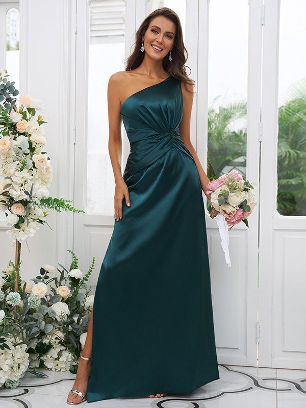 One-Shoulder Satin Sleeveless Sheath/Column Ruched Elastic Woven Floor-Length Bridesmaid Dresses