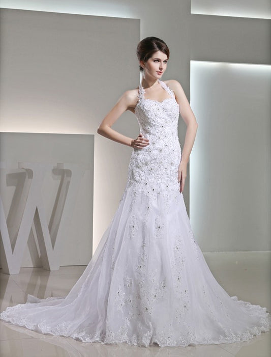 Beading Trumpet/Mermaid Sleeveless Halter Applique Satin Wedding Dresses