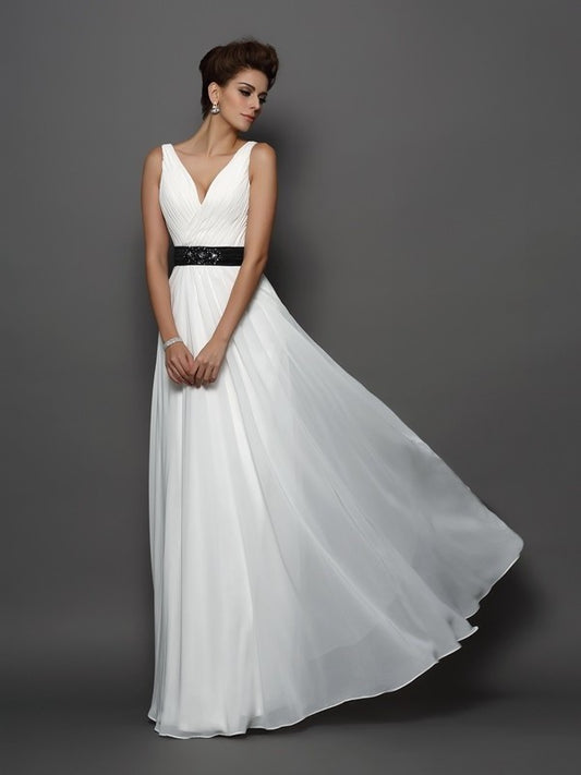 Sleeveless Sash/Ribbon/Belt A-Line/Princess Long V-neck Chiffon Wedding Dresses