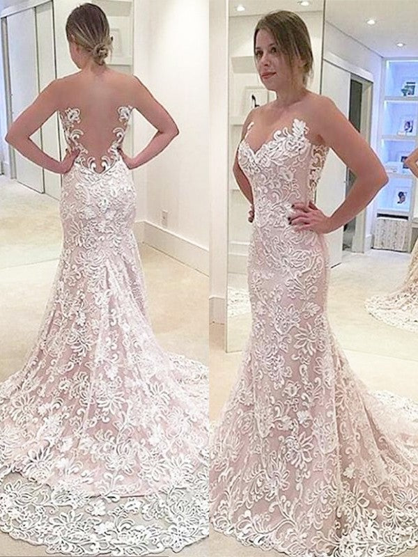 Sleeveless Sweetheart Lace Sweep/Brush Trumpet/Mermaid Train Wedding Dresses