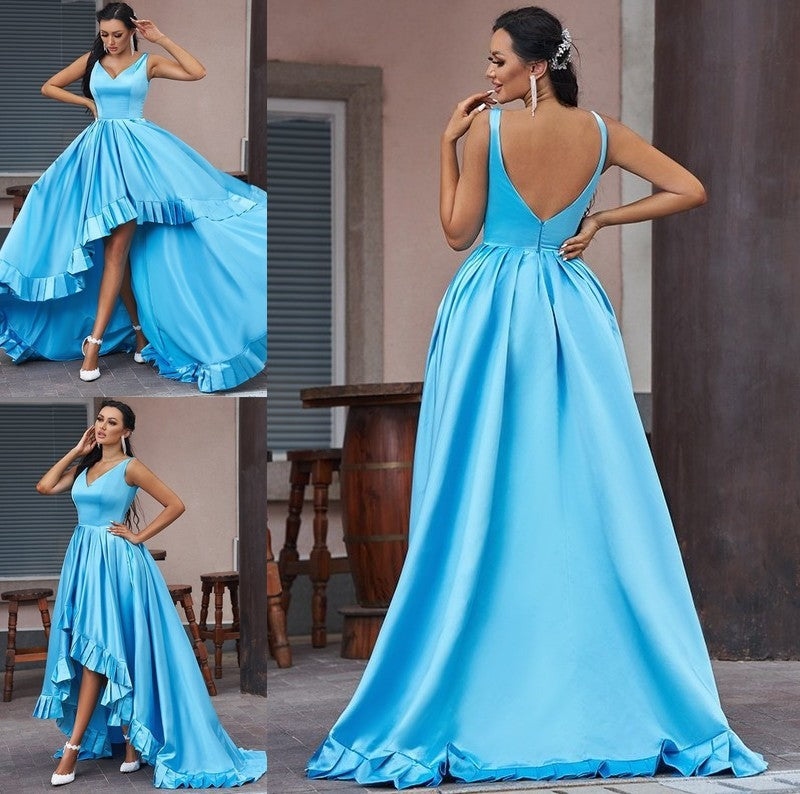 V-neck A-Line/Princess Ruffles Satin Sleeveless Asymmetrical Dresses