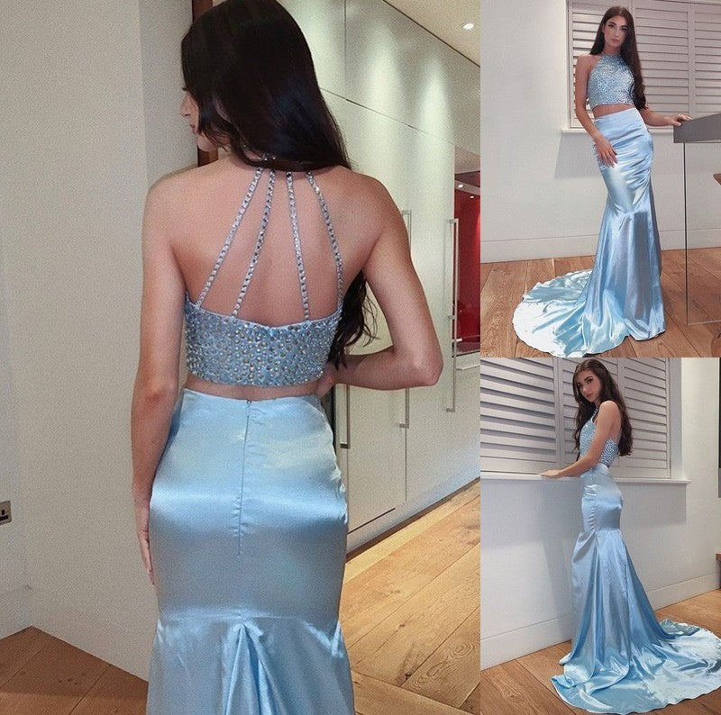 Sheath/Column Beading Sweep/Brush Sleeveless Train Halter Satin Two Piece Dresses