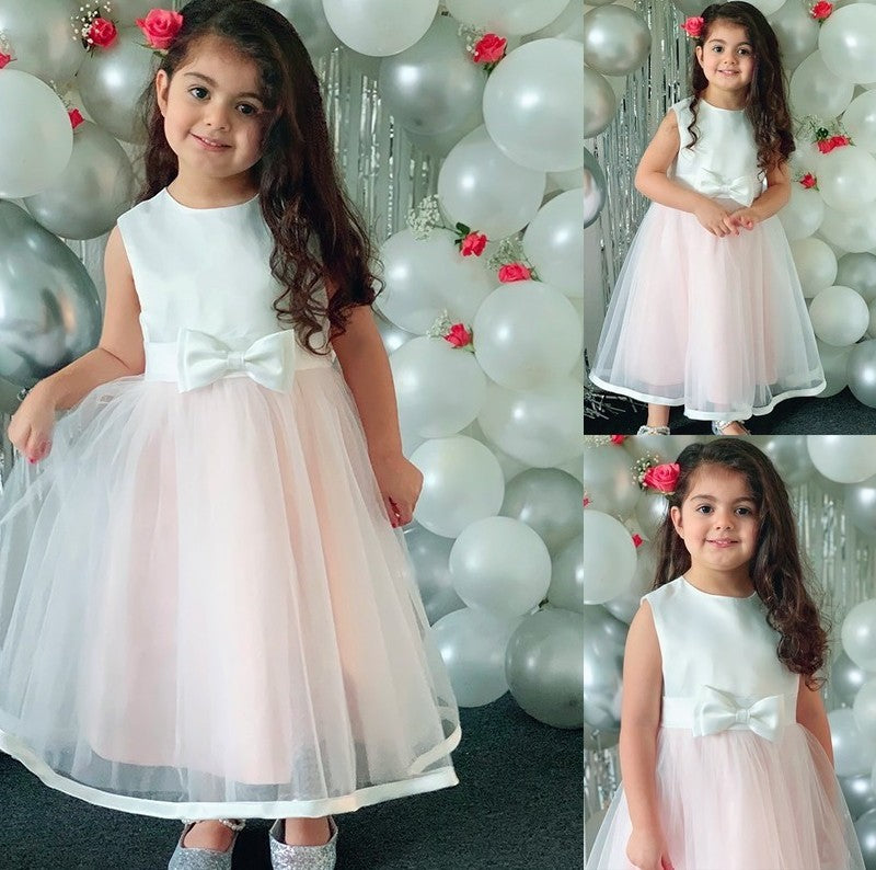 Organza Scoop Tea-Length A-Line/Princess Sleeveless Bowknot Flower Girl Dresses