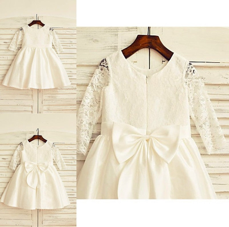 Lace Sleeves A-line/Princess Long Tea-Length Jewel Satin Flower Girl Dresses