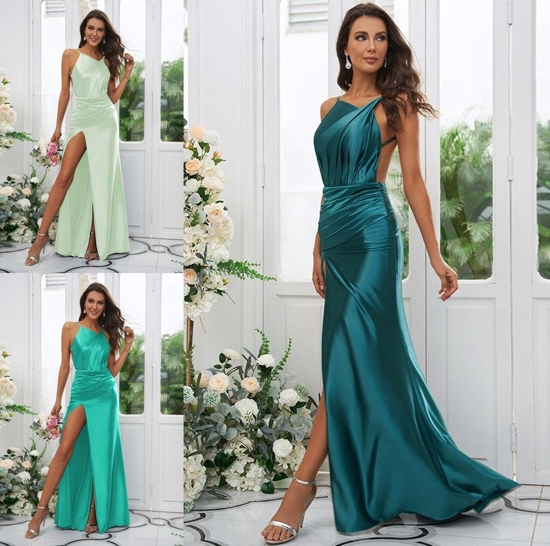 Scoop Ruched Sleeveless Sheath/Column Sweep/Brush Charmeuse Train Bridesmaid Dresses