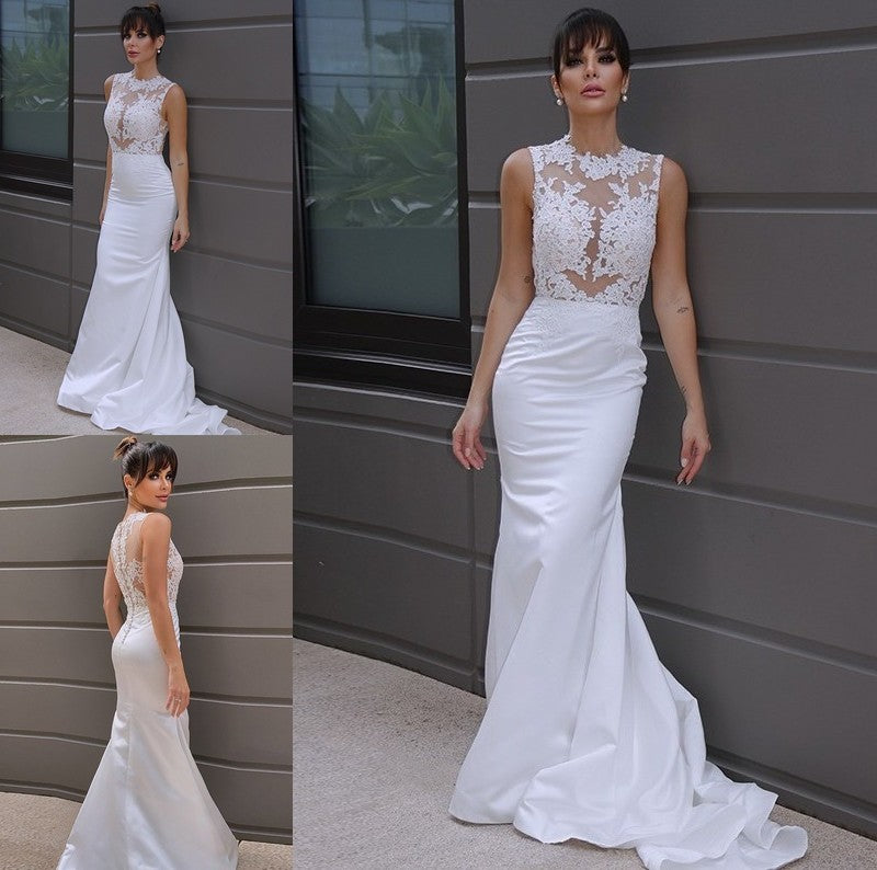 Scoop Trumpet/Mermaid Satin Court Applique Sleeveless Train Wedding Dresses