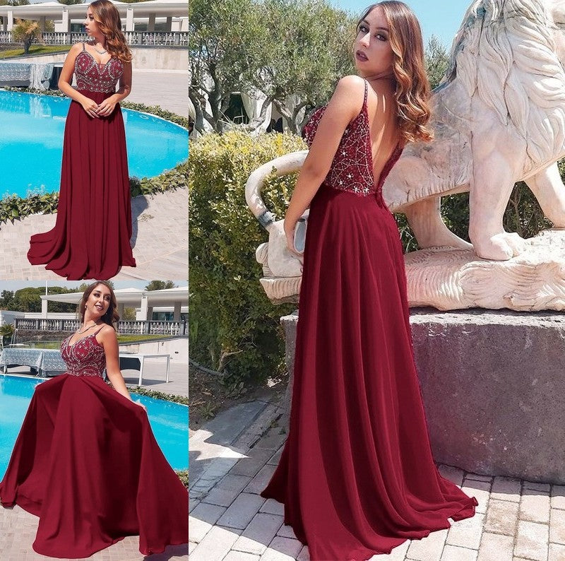 Beading Chiffon Spaghetti Straps A-Line/Princess Sleeveless Floor-Length Dresses