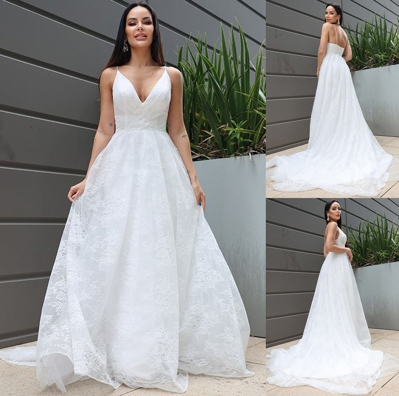 Ruched Sleeveless Sweep/Brush A-Line/Princess V-neck Lace Train Wedding Dresses