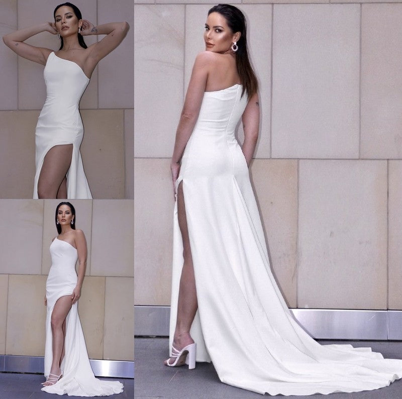 Satin Sleeveless Sweep/Brush One-Shoulder Ruched Sheath/Column Train Wedding Dresses