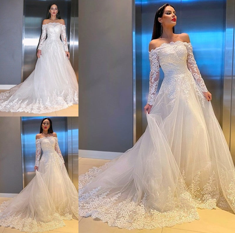 Sweep/Brush Sleeves Off-the-Shoulder Long Applique A-Line/Princess Lace Train Wedding Dresses