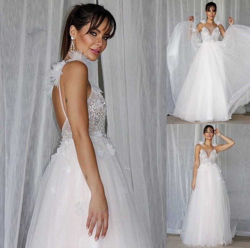 Beading A-Line/Princess Sleeveless Tulle V-neck Floor-Length Wedding Dresses