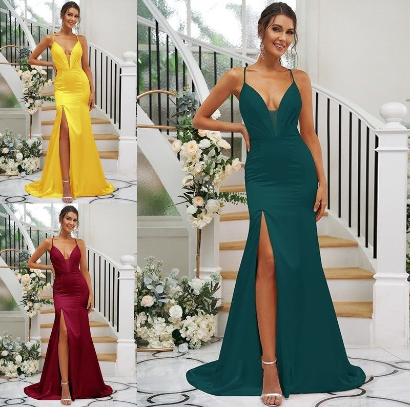 Ruched Sweep/Brush V-neck like Sheath/Column Satin Silk Sleeveless Train Bridesmaid Dresses