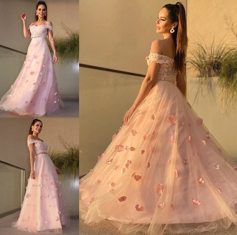 Hand-Made A-Line/Princess Sleeveless Tulle Floor-Length Flower Off-the-Shoulder Two Piece Dresses