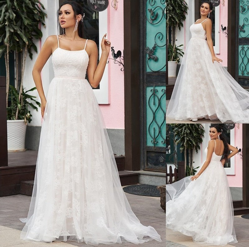 A-Line/Princess Sweep/Brush Straps Spaghetti Lace Ruffles Sleeveless Train Wedding Dresses