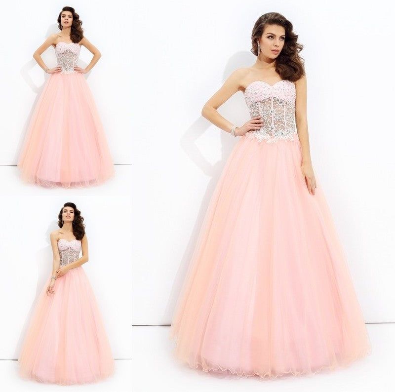 Sweetheart Sleeveless A-line/Princess Lace Long Net Dresses