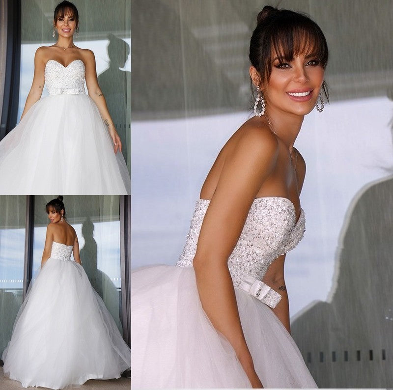 Sweetheart Sleeveless Ball Tulle Gown Bowknot Floor-Length Wedding Dresses