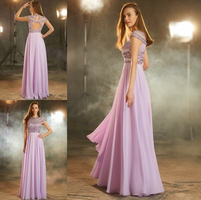 Short Floor-Length Scoop A-Line/Princess Sleeves Beading Chiffon Dresses