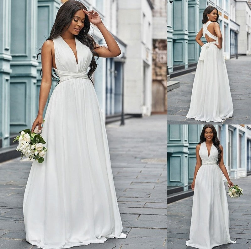 A-Line/Princess Sleeveless Chiffon Ruched Halter Floor-Length Wedding Dresses