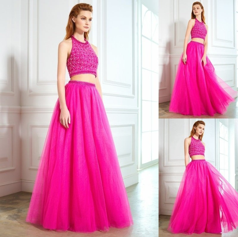 Net Floor-Length Sleeveless Halter Beading A-Line/Princess Two Piece Dresses