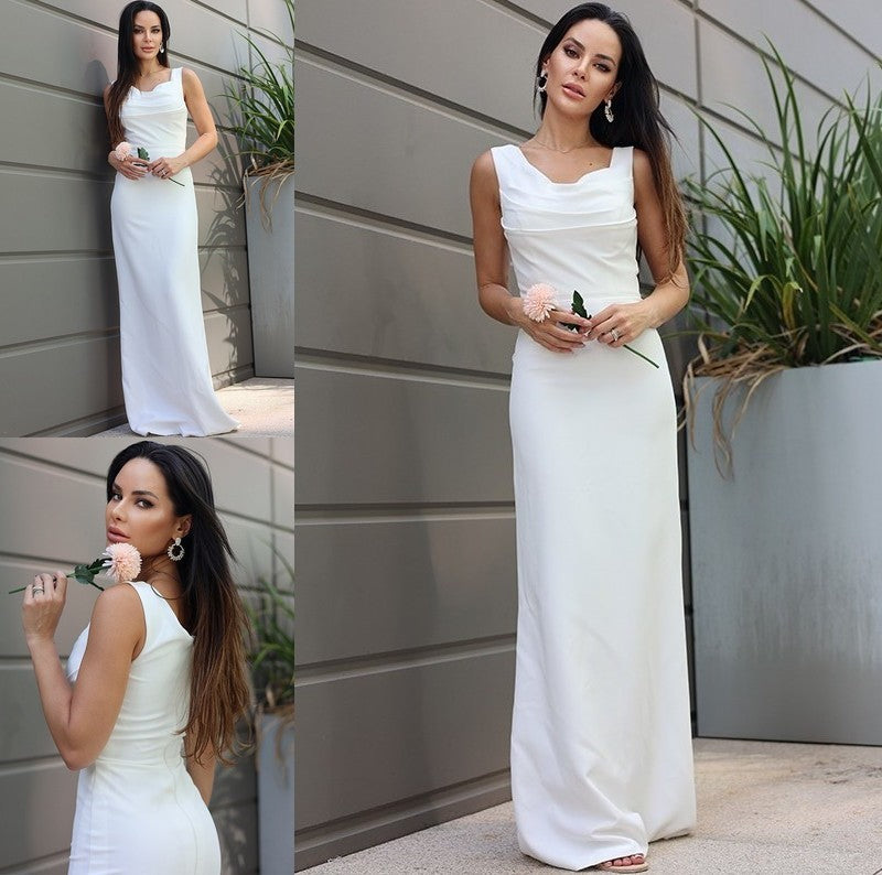 Sleeveless Straps Sheath/Column Stretch Crepe Ruched Floor-Length Wedding Dresses