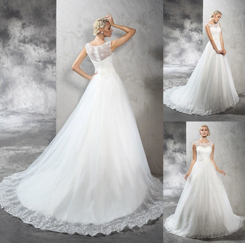 Ball Long Gown Sleeveless Sheer Neck Sash/Ribbon/Belt Net Wedding Dresses