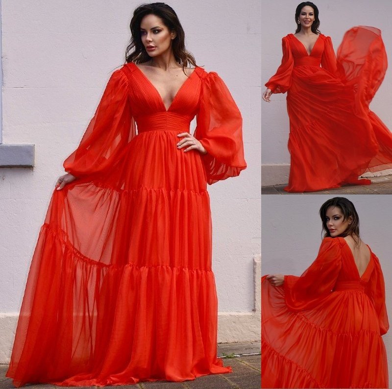 Long Ruffles A-Line/Princess Sleeves 3D V-neck Chiffon Sweep/Brush Train Dresses