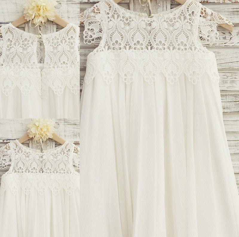 Chiffon Short Lace Sleeves A-Line/Princess Scoop Knee-Length Flower Girl Dresses