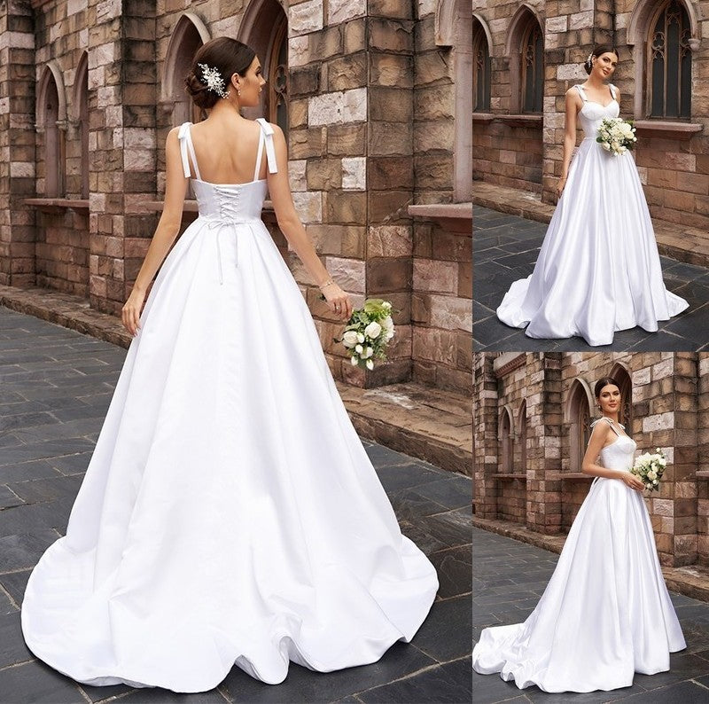 Straps Sweep/Brush Sleeveless Ruffles Satin A-Line/Princess Train Wedding Dresses