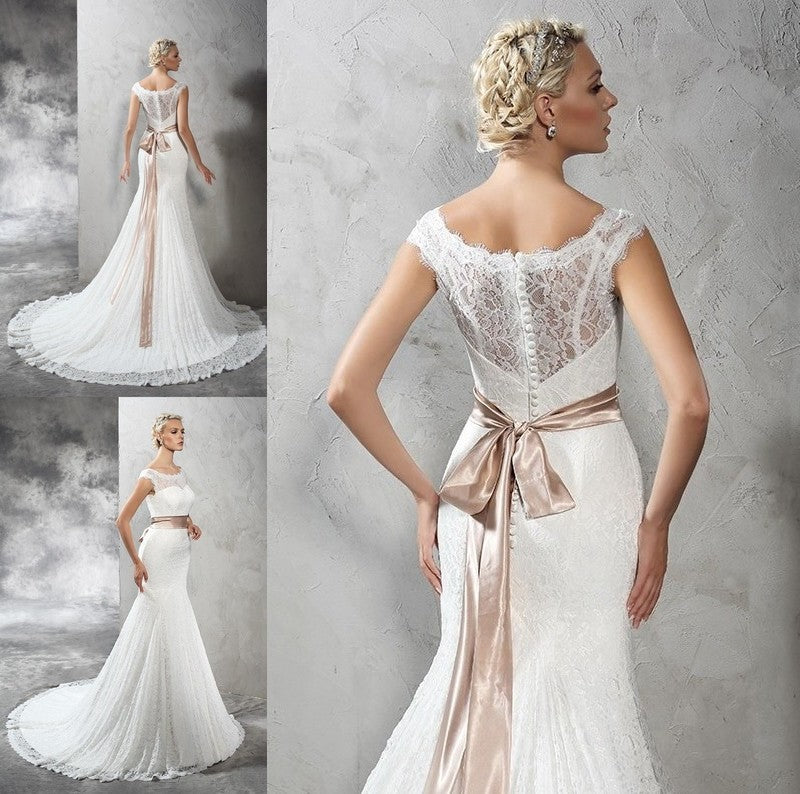 Sash/Ribbon/Belt Sleeveless Neck Sheath/Column Sheer Long Lace Wedding Dresses