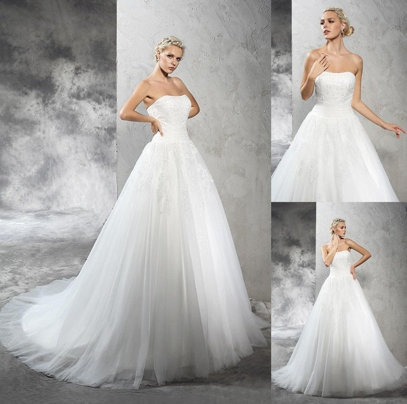 Sleeveless Long Applique Ball Gown Strapless Satin Wedding Dresses