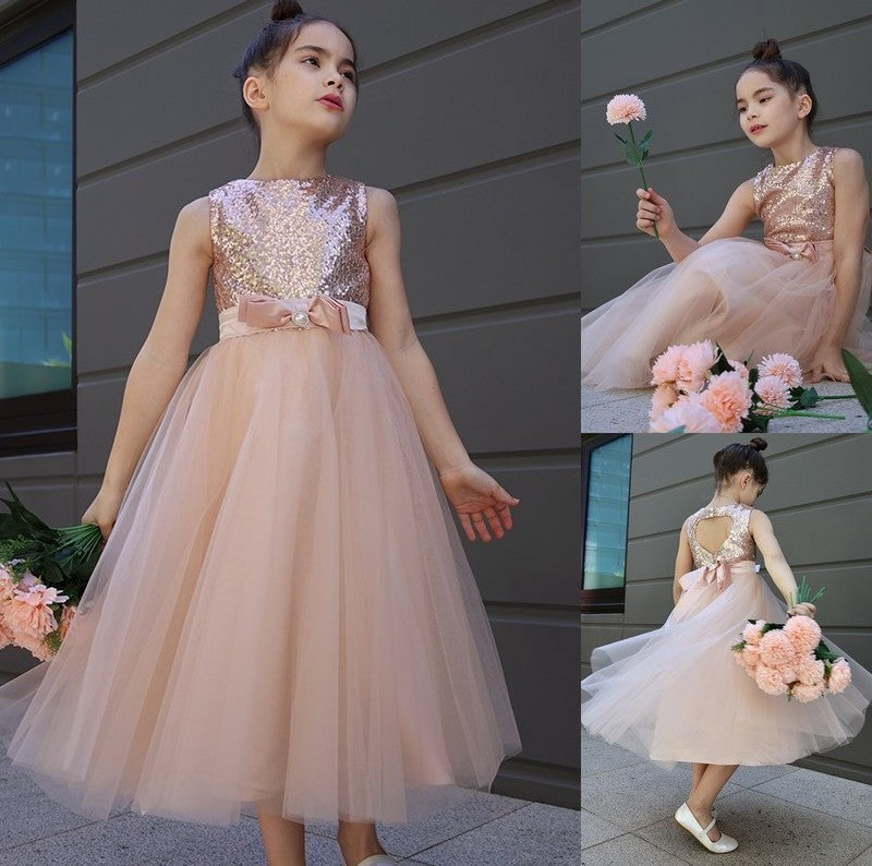 Sleeveless Scoop Bowknot Tulle A-Line/Princess Tea-Length Flower Girl Dresses