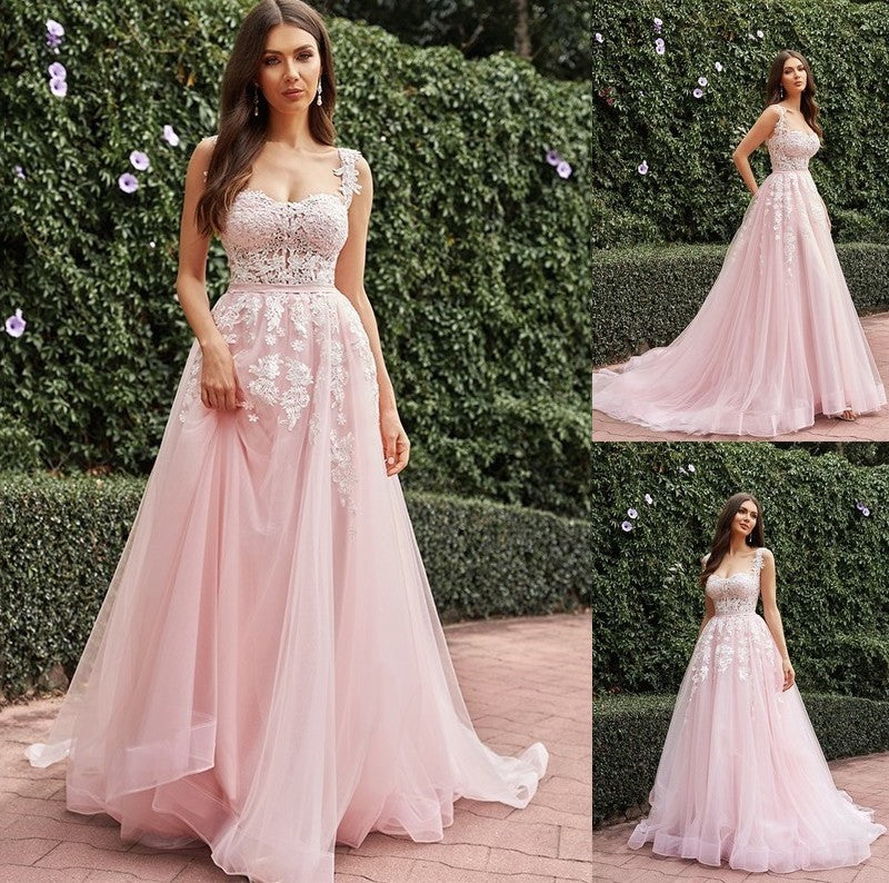 A-Line/Princess Tulle Sleeveless Straps Applique Sweep/Brush Train Wedding Dresses