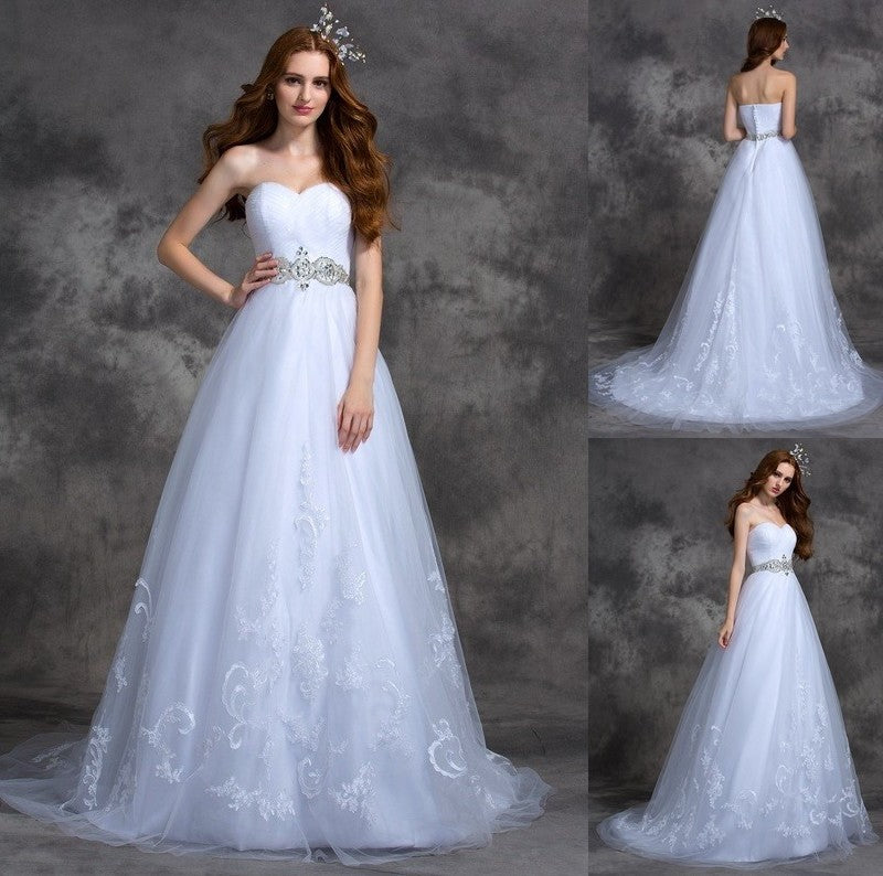 Beading A-line/Princess Long Sleeveless Sweetheart Satin Wedding Dresses