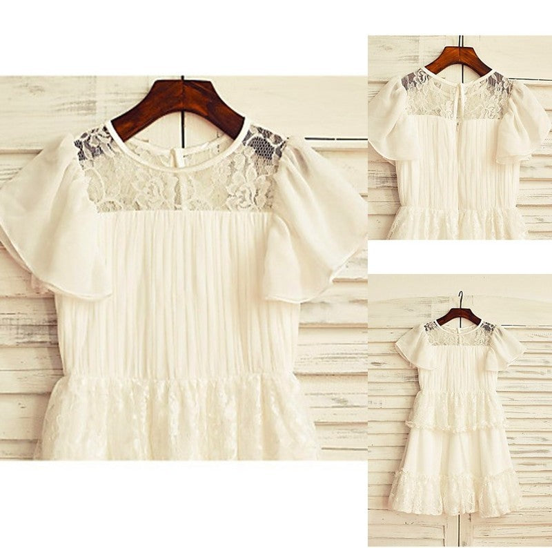 Short Scoop Lace Chiffon Tea-Length A-line/Princess Sleeves Flower Girl Dresses