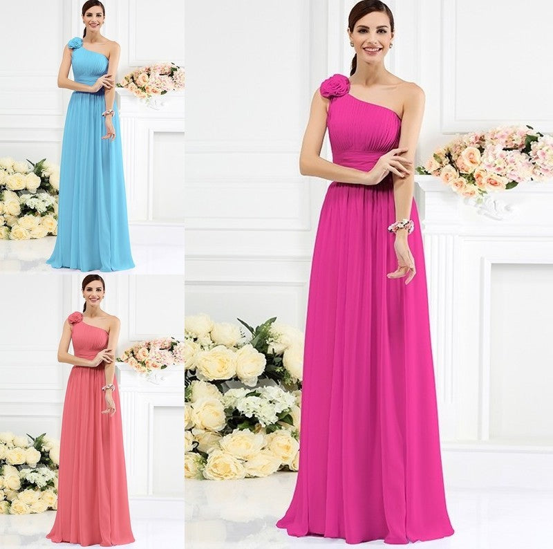 Long Hand-Made A-Line/Princess Pleats Sleeveless Flower One-Shoulder Chiffon Bridesmaid Dresses