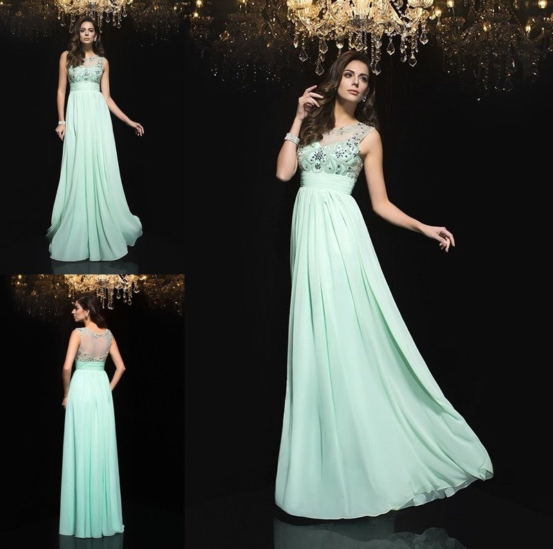 Sheer Sleeveless A-Line/Princess Neck Beading Long Chiffon Dresses