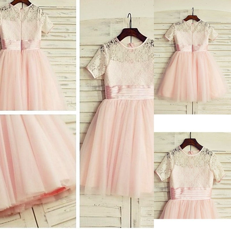 Tea-Length Jewel A-line/Princess Sleeves Lace Tulle Short Flower Girl Dresses